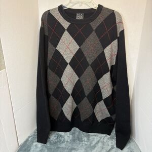 Jos A. Bank Mens Crewneck Lambswool/Nylon Gray Black Argyle Sweater, Sz L
